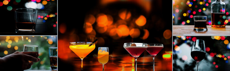 A glass of whiskey on wood bar, soft focus.	