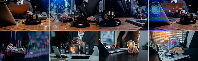 Concepts of Law and Legal services. Lawyer working with law interface icons. Blurred background.	