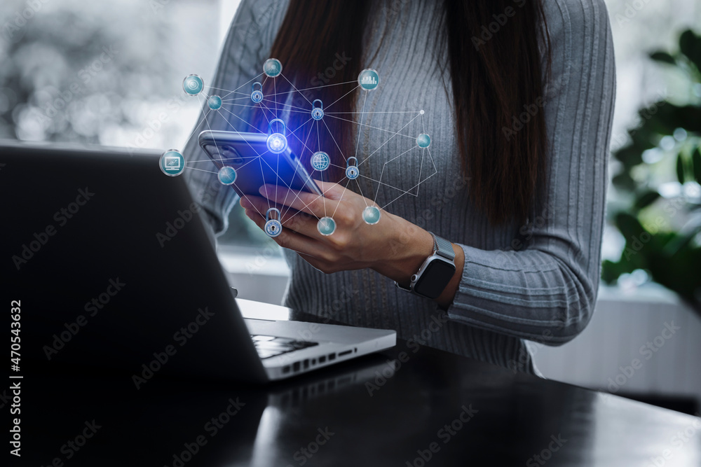 Poster business hands with digital network connection and virtual interface screen, business digital and te