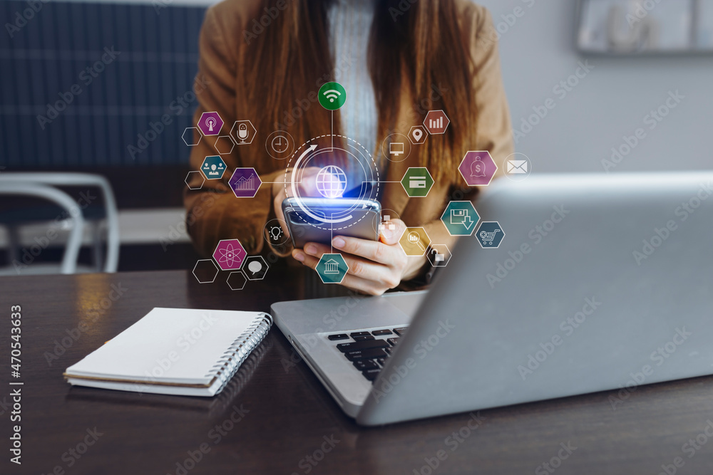 Poster business hands with digital network connection and virtual interface screen, business digital and te