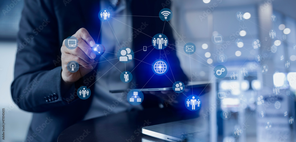 Poster business hands with digital network connection and virtual interface screen, business digital and te