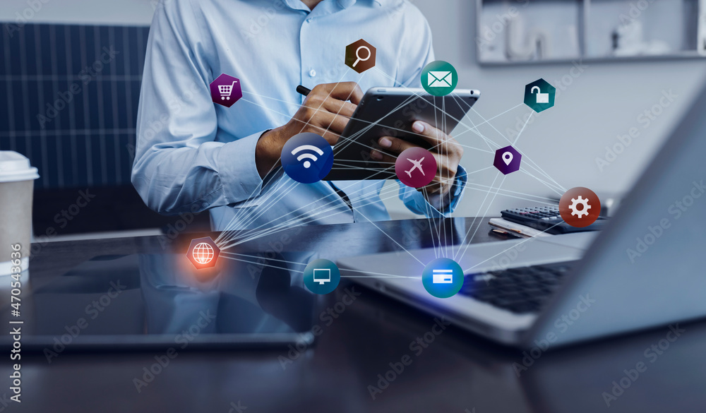 Poster business hands with digital network connection and virtual interface screen, business digital and te