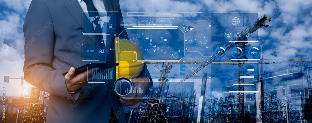 Fototapete future building construction engineering and technology project concept. double exposure graphic wit