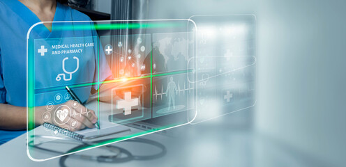 Medicine doctor using digital healthcare and network connection on hologram modern virtual screen...