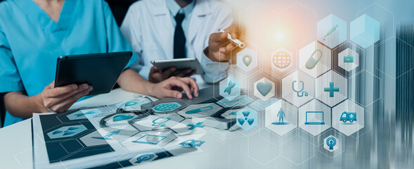 Medicine doctor using digital healthcare and network connection on hologram modern virtual screen...