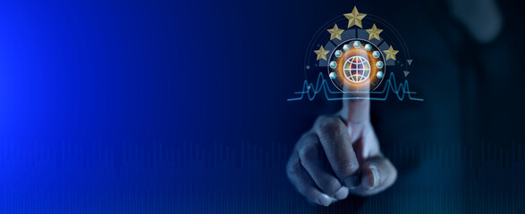 Businessman hand touch on innovation internet technology interface icons, five star service.