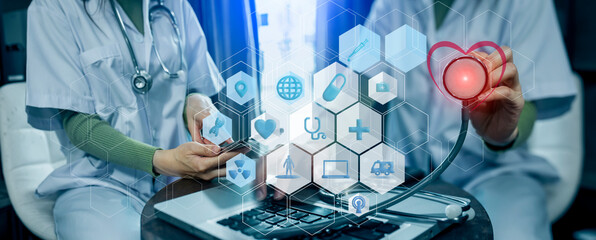 Medicine doctor using digital healthcare and network connection on hologram modern virtual screen...