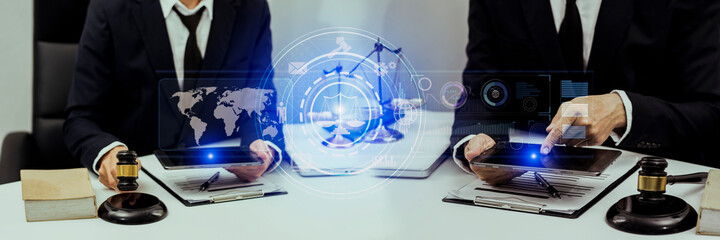 Concepts of Law and Legal services. Lawyer working with law interface icons. Blurred background.