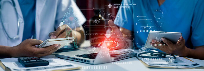 Medicine doctor using digital healthcare and network connection on hologram modern virtual screen interface icons, Medical technology futuristic concept.