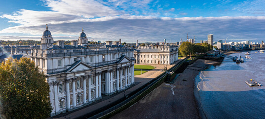 Panoramic aerial view of Greenwich Old Naval Academy by the River Thames and Old Royal Naval College building