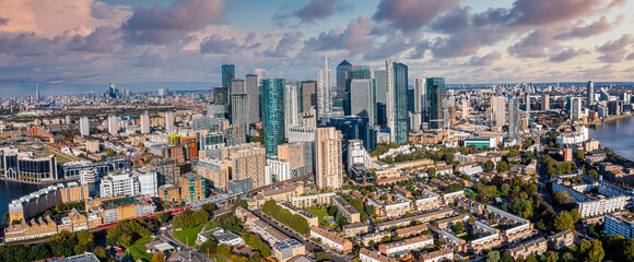 Fototapeta premium Aerial panoramic view of the Canary Wharf business district in London, UK. Financial district in London.