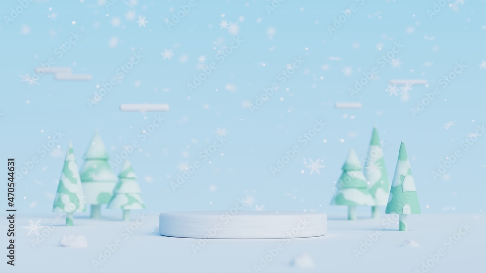 Poster 3d ice podium display and christmas tree.winter landscape background for product presentation.minima