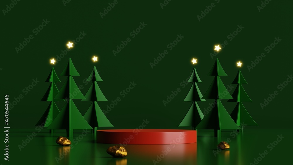 Poster minimal scene with red podium and pine trees on midnight green background.for christmas holiday and 