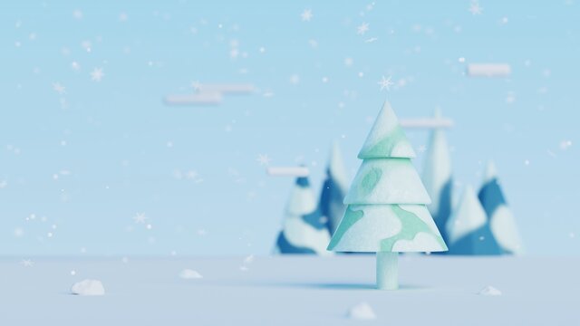 3D christmas tree and mountains with snowfall.Winter landscape background for merry christmas and happy new year presentation.3D rendering illustration.