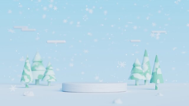 3D ice podium display and christmas tree.Winter landscape background for product presentation.Minimal pedestal showcase.3D rendering illustration.