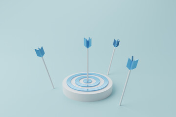 Dartboard and arrow on cyan background. Minimal design. 3d rendering illustration