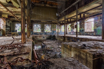 Fototapeta na wymiar abandoned empty machine hall of a steel factory, Luxembourg