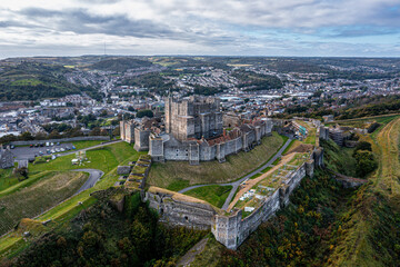 Aerial view of the Dover Castle. The most iconic of all English fortresses. English castle on top of the hill.