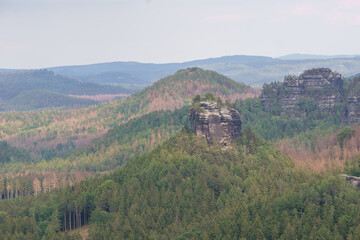 View over rock formations, hills and forest of National Park Saxon Switzerland, Germany