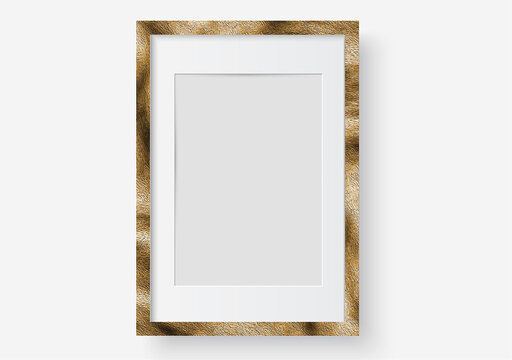Photo frame on wall. Wooden pictures frame. Vector isolated picture frame mockup with shadow on transparent background. Poster frame mockup. Stock vector.