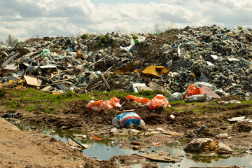 Garbage dump. Illegal dump in Russia. Garbage and writing waste. Harm to ecology. Improper storage...