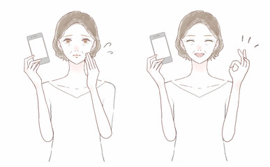 スマホを持つ中年女性のセット 困っている中年女性とOKサインを出している中年女性