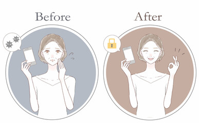 ウイルスに感染したスマホを持つ女性とセキュリティ対策がされたスマホを持つ中年女性のセット