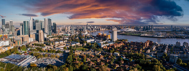 Fototapeta na wymiar Aerial panoramic view of the Canary Wharf business district in London, UK. Financial district in London.