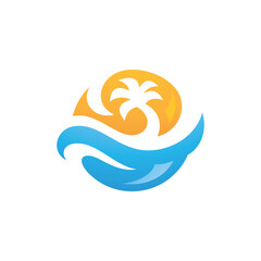 Abstract modern seascape vector. Beach, water wave tide, palm tree, sky, sun logo icon