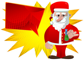 Santa Claus in his red clothes with white beard holding a test tube. Vector cartoon character illustration.