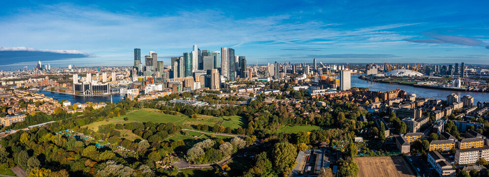 Aerial panoramic view of the Canary Wharf business district in London, UK. Financial district in London. © ingusk