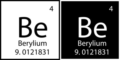 Beryllium sign. Black and white. Chemical element. Mendeleev table. Periodic symbol. Vector illustration. Stock image. 