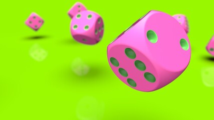 Rolling pink-green dices under lime green plane background. 3D CG. 3D illustration. 3D high quality rendering.