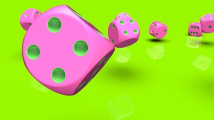 Rolling pink-green dices under lime green plane background. 3D CG. 3D illustration. 3D high quality rendering.