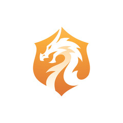 Modern dragon shield badge crest vector. Negative space dragon head and shield logo icon