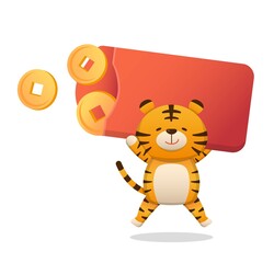 Cute tiger with red envelope full of money, Chinese New Year elements, text translation: Spring
