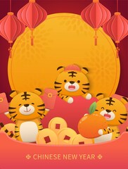Poster with tiger and Chinese New Year elements, red lanterns, red envelopes, gold coins, oranges, cartoon comic vector