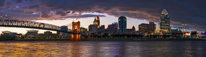 Fototapeta na wymiar Cincinnati skyline panorama during stormy sunset.