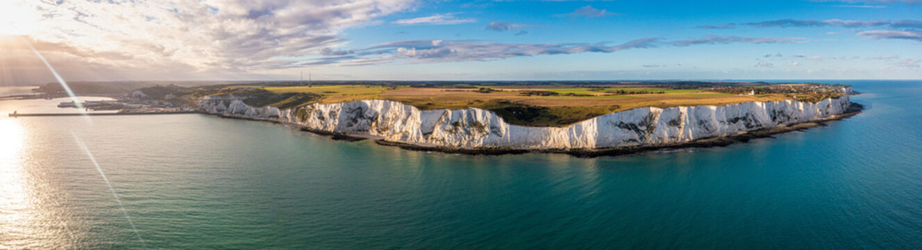Aerial view of the White Cliffs of Dover. Close up view of the cliffs from the sea side. England, East Sussex. Between France and UK