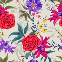 Elegant colorful seamless pattern with botanical floral design illustration.