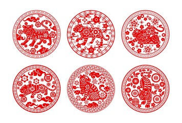 Chinese papercut tigers, Chinese lunar new year and zodiac signs, vector icons. China Asian new year or lunar calendar symbol tiger with paper cut art ornaments of clouds, flowers and coins - obrazy, fototapety, plakaty
