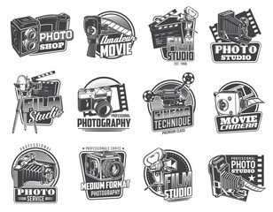 Photo and movie camera icons. Professional photo and video studio emblems, photography and cinema equipment store vector retro badges, icons with vintage folding, medium format and SLR film cameras