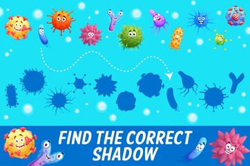 Fototapeta na wymiar Find correct shadow of virus, microbe or pathogen cells, vector kids tabletop game. Match correct silhouette, board game for kids with cartoon funny viruses and bacteria infections or germs