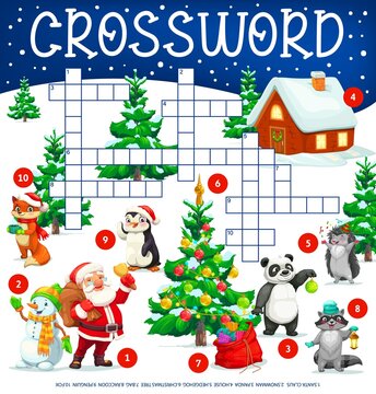Christmas tree, animals and Santa with gifts, crossword grid worksheet, find a word vector quiz game. Kids crossword puzzle with Christmas cartoon snowman, penguin, panda and fox with gifts