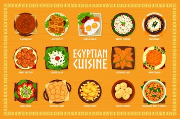 Egyptian cuisine menu page. Coconut, almond and semolina cakes, lamb omelet, eggs in garlic and honey fritters, pudding, sweet turbans and scrambled eggs, salads with cheese and beans, pistachios cake