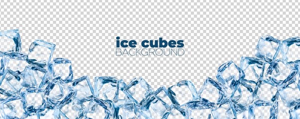 Realistic ice cubes background, crystal ice blocks frame, isolated border of blue transparent frozen water cubes. 3d vector glass or icy solid pieces for drink ad with clean square blocks - obrazy, fototapety, plakaty