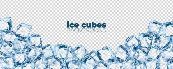 Poster Realistic ice cubes background, crystal ice blocks frame, isolated border of blue transparent frozen water cubes. 3d vector glass or icy solid pieces for drink ad with clean square blocks © Vector Tradition