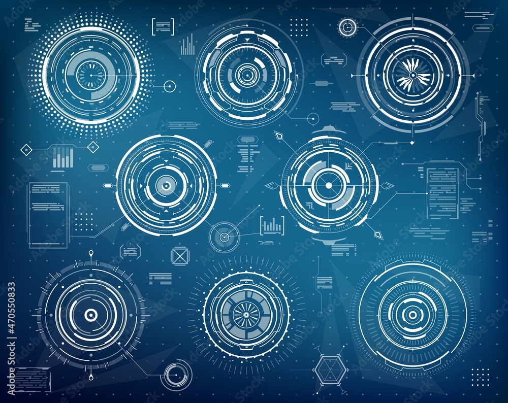 Leinwandbilder HUD futuristic infographic circular elements, web interface and business visual data, vector. HUD technology graphs and UI screen digital elements, chart diagrams on virtual dashboard display