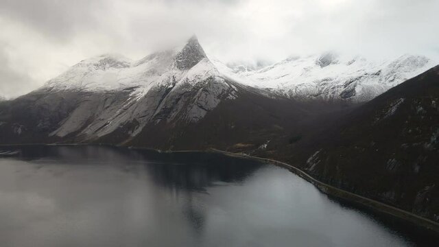 Dramatic snow landscape of striking Stetind mountain in Norway; epic drone view
