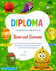 Fototapeta premium Kids diploma, cartoon durian, carambola and melon, grape and bergamot with feijoa fruit on yoga pose, vector. Kindergarten education diploma or school certificate award with tropical fruits on fitness